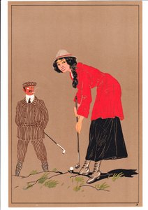 Een prent van twee golfers in komische en humoristische houdingen, ca. 1920