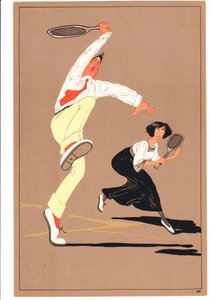 Een prent van twee tennisspelers in komische en humoristische houdingen, c.1920