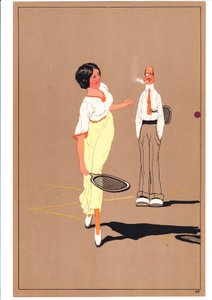 Een prent van twee tennisspelers in komische en humoristische houdingen, ca. 1920