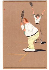 Een Prent van Twee Tennisspelers in Komische en Humoristische Houdingen, ca. 1920