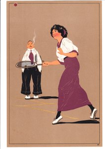 Een Prent van Twee Tennisspelers in Komische en Humoristische Houdingen, ca. 1920 door English School