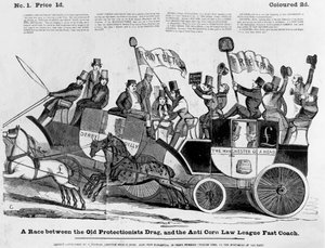 Een race tussen de Old Protectionist Drag en de Anti Corn Law League Fast Coach