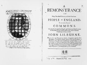 Een protest van de Levellers aan het Lagerhuis over de gevangenneming van hun leider John Lilburne (c.1614-57) gepubliceerd 1646