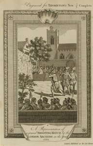 Een voorstelling van een groot schietwedstrijd door de Londense boogschutters in het jaar 1583