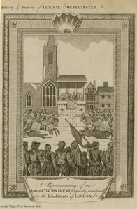 Een voorstelling van een oud toernooi vroeger beoefend door de inwoners van Londen