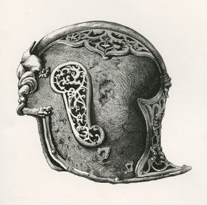 Een sallet, ook bekend als salade of schaller oorlogshoed, ca. 1450, uit The British Army: Its Origins, Progress and Equipment, gepubliceerd in 1868.