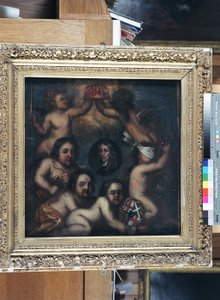 Een satire van Richard Cromwell die de kroon wordt aangeboden, ca.1659 door English School