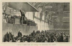 Een dienst van de heren Moody en Sankey in de Agricultural Hall, Islington