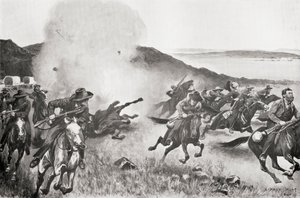 Een granaat van de Marine Brigade verdrijft Boeren van achter de Seven Sisters Kojes tijdens de actie van 7 maart door English School