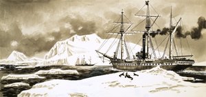 Een schip stoomt tussen de gletsjers van het Noordpoolgebied door English School