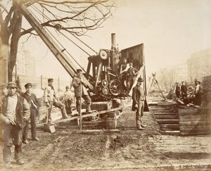 Een stoomkraan in werking tijdens de bouw van de Circle Line in Paddington, Londen, ca. 1890