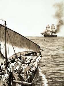 Een stoomschip aan de horizon, een Arabische dhow op de voorgrond