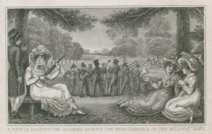 Een uitzicht in Kensington Gardens, Londen, tijdens het optreden van de militaire band