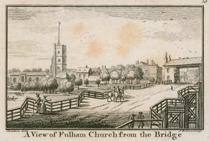 Een uitzicht op Fulham Church, Londen, vanaf de Fulham Bridge
