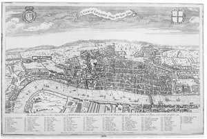 Een uitzicht op Londen rond het jaar 1560 (gravure) door English School