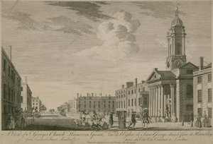 Een uitzicht op St Georges Church, Hanover Square, vanaf Conduit Street, Londen