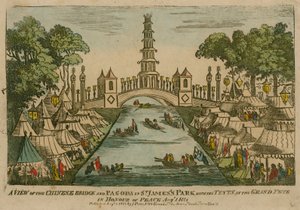 Een uitzicht op de Chinese Brug en Pagode in St Jamess Park met de tenten op het Grote Feest ter Ere van de Vrede, 1 augustus 1814 door English School