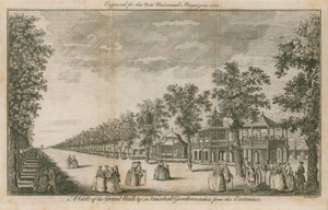 Een uitzicht op de Grote Wandelgang in Vauxhall Gardens, Londen, genomen vanaf de ingang door English School