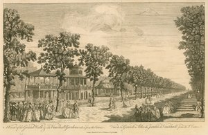Een uitzicht op de Grote Wandelgang in Vauxhall-tuinen, Londen, vanaf de ingang door English School