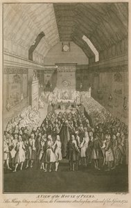 Een uitzicht op het House of Peers, de koning zittend op de troon door English School