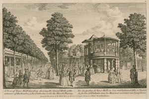 Een uitzicht op de Vauxhall Gardens, Londen, met de Grote Wandelgang bij de ingang van de tuin en het Orkest met de muziek spelend door English School