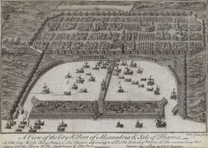 Een uitzicht op de stad en haven van Alexandrië en het eiland Pharos, Egypte, 1738 door English School