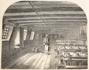 Een afdeling aan boord van de Defence hulk ingericht voor de terugkeer van de gevangenen voor het diner, illustratie uit The Criminal Prisons of London and Scenes from Prison Life door Henry Mayhew en John Binny, uitgegeven 1862