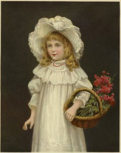 Een jong meisje gekleed in wit houdt een mand met rode bloemen vast door English School
