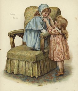 Een jong meisje staat op het kussen van een fauteuil door English School