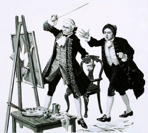 Een jonge man sneed een onvleiend portret van zijn vader door Hogarth met een zwaard