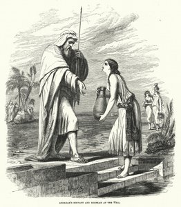 Abrahams dienaar en Rebekka bij de bron (gravure) door English School