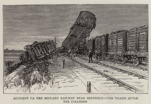 Ongeluk op de Midland Railway nabij Sheffield, de treinen na de botsing (gravure) door English School