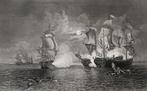 Actie tussen Bonhomme Richard en de Serapis, 23 september 1779 (gravure) door English School