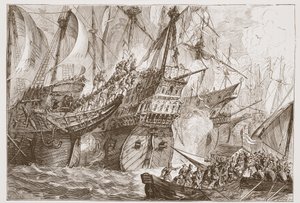 Gevecht tussen de Spaanse vloot en de schepen van de Watergeuzen, illustratie uit De Geschiedenis van het Protestantisme door James Aitken Wylie, 1878
