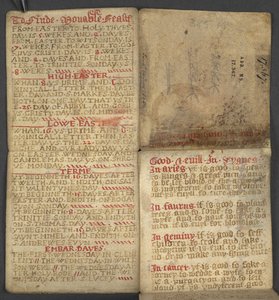 Uit almanak, met tabel van dominicale letters en gouden nummers; aanwijzingen om de beweegbare feesten te vinden; kalender van heiligen, tijdperken, lijst van Engelse vorsten, weersvoorspellingen, invloed van de tekens van de dierenriem door English School