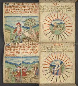Add. 17367, f.6r Leo & Virgo, uit Almanak, met tabel van dominicale letters en gouden getallen; aanwijzingen om de beweegbare feesten te vinden; kalender van Heiligen, tijdperken, lijst van Engelse Soevereinen, weersvoorspellingen, invloed van de tekens va door English School