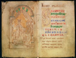 Koningin Emma, vrouw van Ethelred II en Cnut ontvangt het boek van de auteur; Hoofdletter 