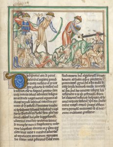 Add 35166 f.35 Mensen worden gedood, Bijbelse scènes uit de Apocalyps van St. Johannes, Apocalyps in het Latijn met commentaar