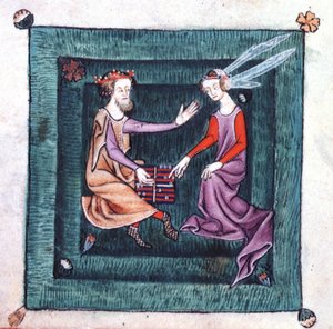 Een Koning en Dame zittend in een tuin, een bordspel spelend dat lijkt op backgammon, uit de Luttrell Psalter, begonnen voor 1340 voor Sir Geoffrey Luttrell door English School