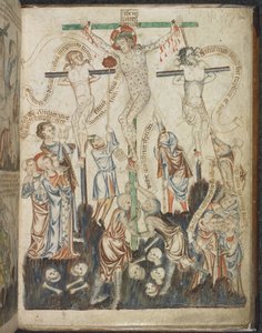 Add. 47682, f.32, De Kruisiging, uit Holkham Bijbel Prentenboek, c.1320-30 door English School