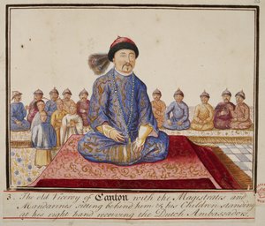De onderkoning van Canton met magistraten en mandarijnen, zijn kinderen staan aan zijn rechterhand en ontvangen de Nederlandse ambassadeurs, uit 
