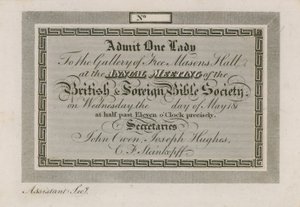 Toegangsbewijs voor de Jaarlijkse Buitenlandse Bijbelgenootschap in Freemasons Hall door English School
