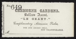 Toegangsbewijs voor de ballonvaart van Le Geant vanuit Cremorne Gardens, Londen door English School
