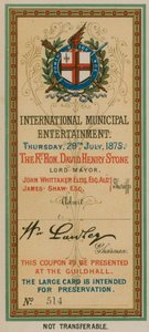 Toegangskaart voor Internationaal Gemeentelijk Vermaak in de Guildhall, Londen, op 29 juli 1875 door English School