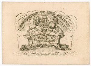 Toegangskaart tot St Margarets Vestry Gallery, voor de kroning van koningin Victoria, 28 juni 1838, voorzijde door English School