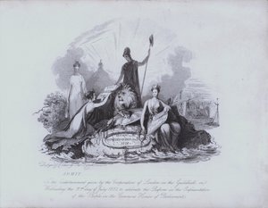 Toegangskaart voor vermaak in de Guildhall verzorgd door de Corporation of the City of London ter viering van de goedkeuring van de Great Reform Act van 1832 door het Lagerhuis
