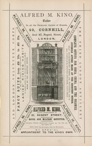 Advertentie voor Alfred M Kino, kleermaker, 40 Cornhill en 87 Regent Street, Londen door English School