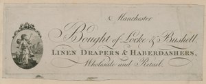 Advertentie voor Bought of Locke & Bushell, Manchester door English School