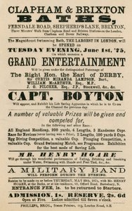 Advertentie voor Clapham en Brixton Baths, Ferndale Road, Shepherds Lane, Brixton, Londen; met Captain Boyton door English School
