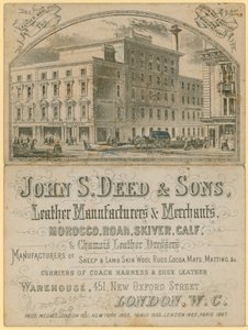 Advertentie voor John S Deed & Sons, leerfabrikanten en handelaren, 451 New Oxford Street, Londen door English School
